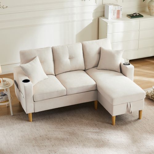 Canapé D'angle 3 Places Avec Chaiselongue, Rangement Et 2 Coussins, Beige