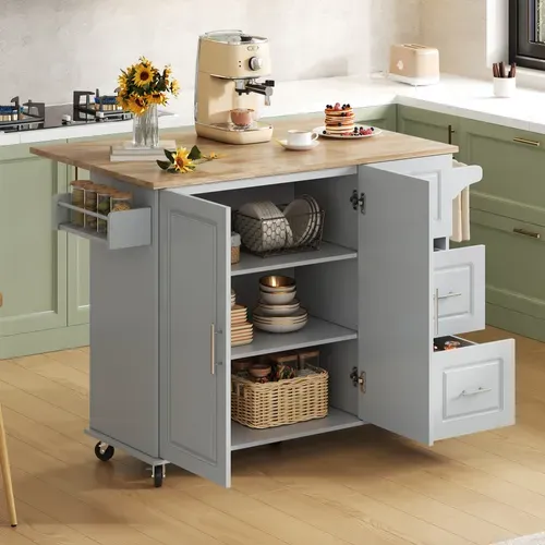Ilot Central Cuisine Comptoir Avec 3 Tiroir, Gris