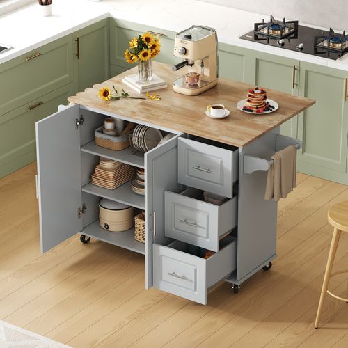 Ilot Central Cuisine Comptoir Avec 3 Tiroir, Gris