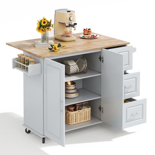 Ilot Central Cuisine Comptoir Avec 3 Tiroir, Gris