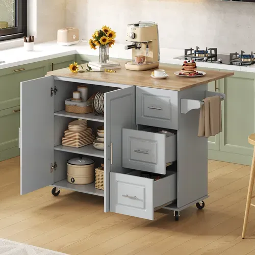 Ilot Central Cuisine Comptoir Avec 3 Tiroir, Gris