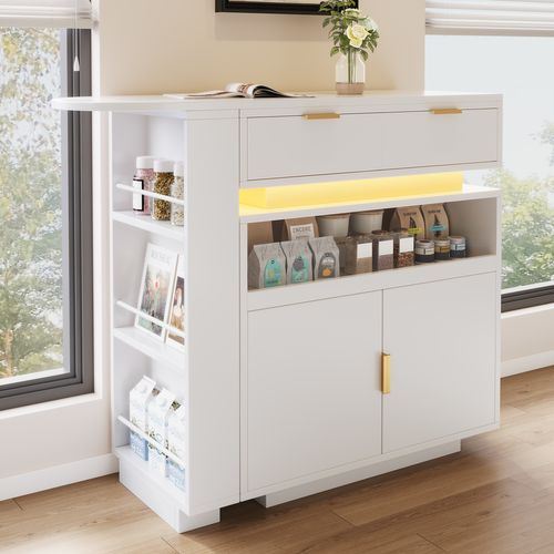 Ilot Central Cuisine Comptoir Avec LED Et Rotation 360° Mobile, Blanc