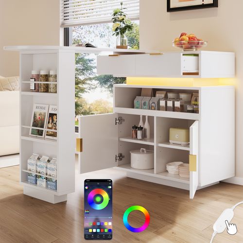 Ilot Central Cuisine Comptoir Avec LED Et Rotation 360° Mobile, Blanc