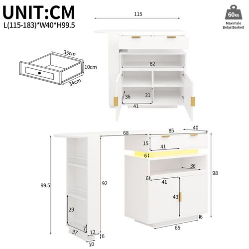 Ilot Central Cuisine Comptoir Avec LED Et Rotation 360° Mobile, Blanc