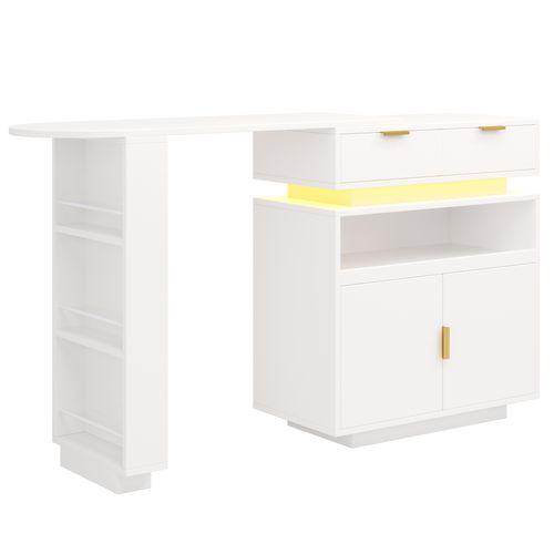 Ilot Central Cuisine Comptoir Avec LED Et Rotation 360° Mobile, Blanc