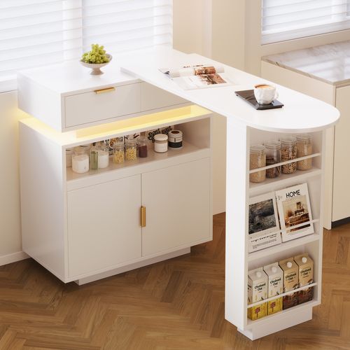Ilot Central Cuisine Comptoir Avec LED Et Rotation 360° Mobile, Blanc