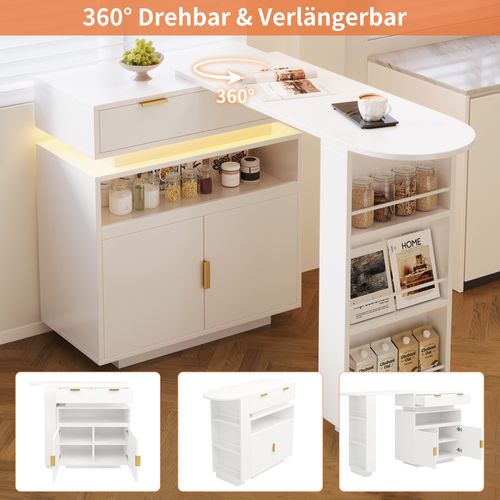 Ilot Central Cuisine Comptoir Avec LED Et Rotation 360° Mobile, Blanc