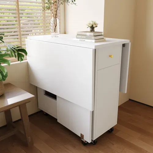 Table Pliante Cuisine Mobile Avec Rangement Et 2 Tiroirs, Blanc