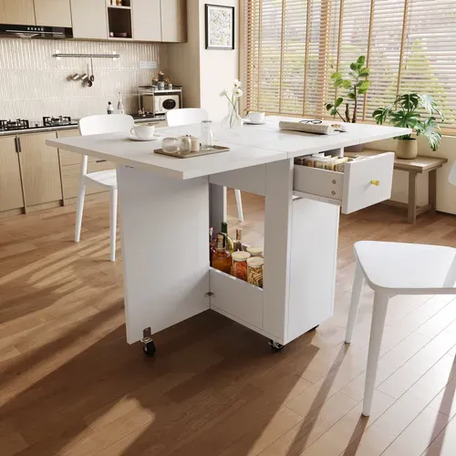 Table Pliante Cuisine Mobile Avec Rangement Et 2 Tiroirs, Blanc