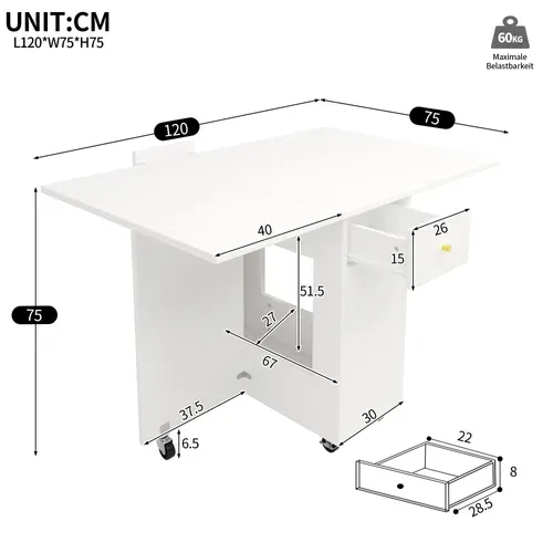 Table Pliante Cuisine Mobile Avec Rangement Et 2 Tiroirs, Blanc