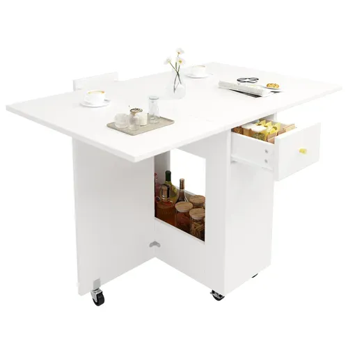Table Pliante Cuisine Mobile Avec Rangement Et 2 Tiroirs, Blanc
