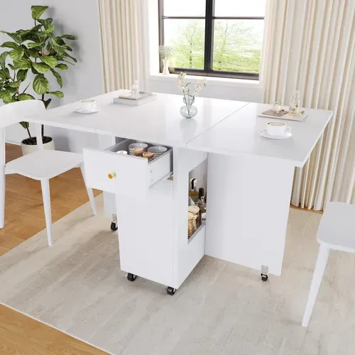 Table Pliante Cuisine Mobile Avec Rangement Et 2 Tiroirs, Blanc