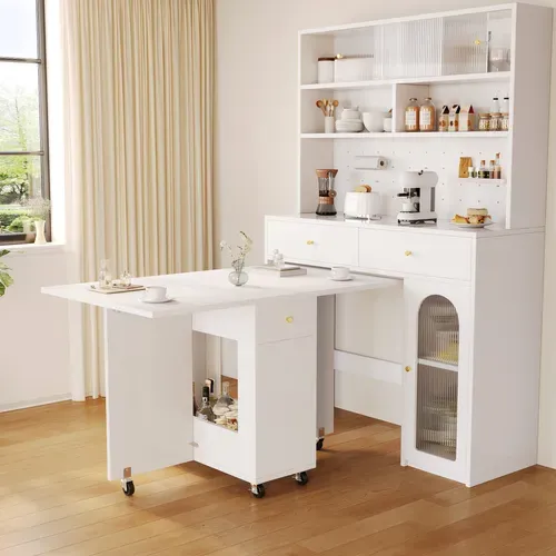 Table Pliante Cuisine Mobile Avec Rangement Et 2 Tiroirs, Blanc