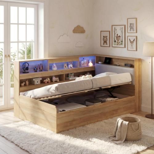 Lit 90x200cm-lit De Jour Coffre Hydraulique-usb/led-coloris Naturel