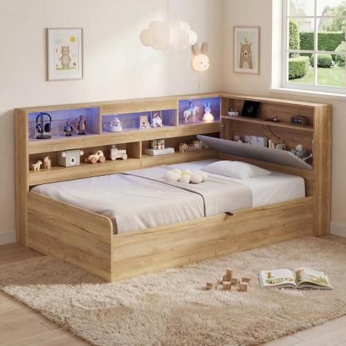 Lit 90x200cm-lit De Jour Coffre Hydraulique-usb/led-coloris Naturel