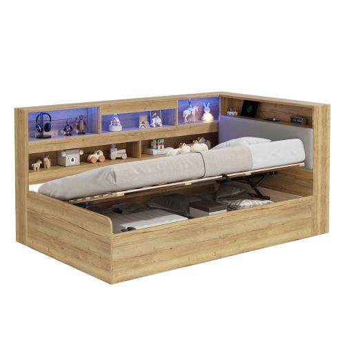 Lit 90x200cm-lit De Jour Coffre Hydraulique-usb/led-coloris Naturel