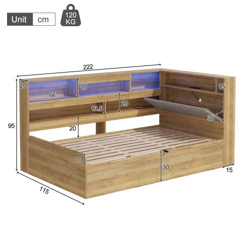 Lit 90x200cm-lit De Jour Coffre Hydraulique-usb/led-coloris Naturel