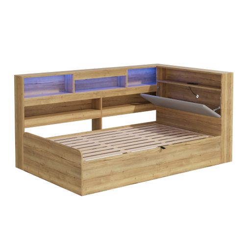 Lit 90x200cm-lit De Jour Coffre Hydraulique-usb/led-coloris Naturel