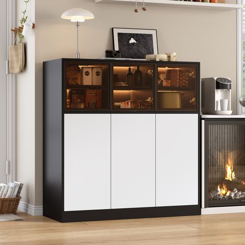 Buffet De Cuisine 100 Cm Avec 3 Portes Vitrées Et 3 Portes Blanches, Blanc Noir