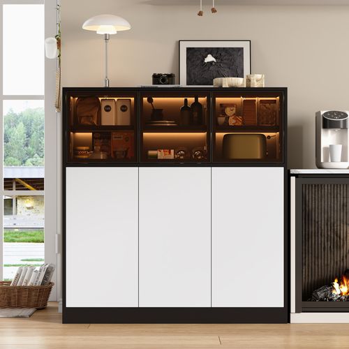 Buffet De Cuisine 100 Cm Avec 3 Portes Vitrées Et 3 Portes Blanches, Blanc Noir