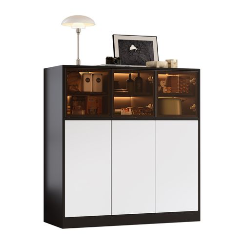 Buffet De Cuisine 100 Cm Avec 3 Portes Vitrées Et 3 Portes Blanches, Blanc Noir
