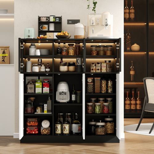 Buffet De Cuisine 100 Cm Avec 3 Portes Vitrées Et 3 Portes Blanches, Blanc Noir