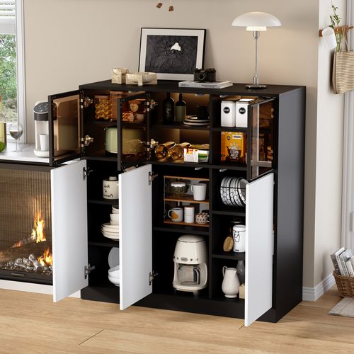 Buffet De Cuisine 100 Cm Avec 3 Portes Vitrées Et 3 Portes Blanches, Blanc Noir