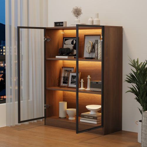 Vitrine En Verre Avec éclairage Et étagères Réglables, Brun