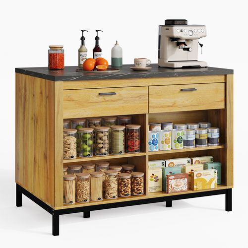 Ilot Central Cuisine Comptoir Avec 2 Tiroirs Et 4 étagères, Bois