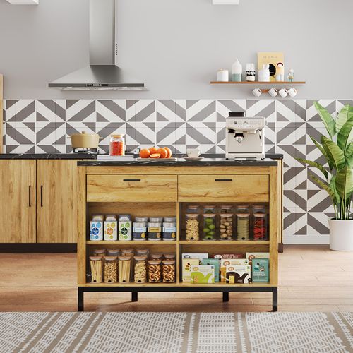 Ilot Central Cuisine Comptoir Avec 2 Tiroirs Et 4 étagères, Bois