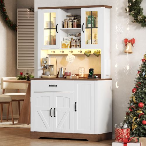 Buffet De Cuisine 185cm Avec LED Et étagères Réglables, Blanc