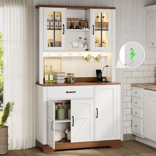 Buffet De Cuisine 185cm Avec LED Et étagères Réglables, Blanc