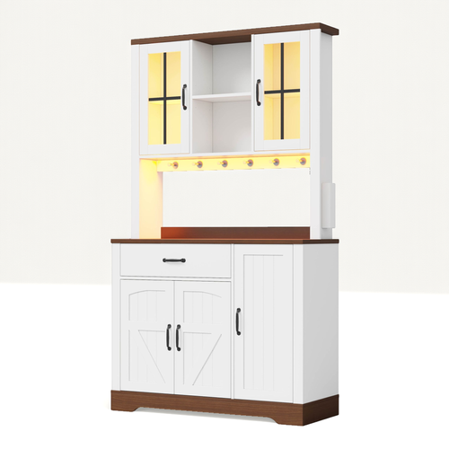 Buffet De Cuisine 185cm Avec LED Et étagères Réglables, Blanc