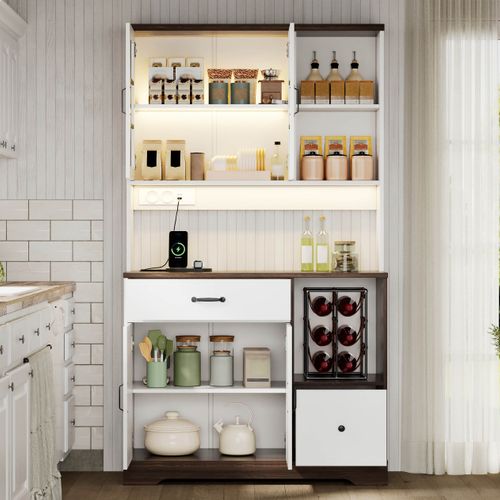 Buffet De Cuisine 185 Cm Avec LED, 3 Tiroirs, étagères Réglables Et Prises électriques, Blanc