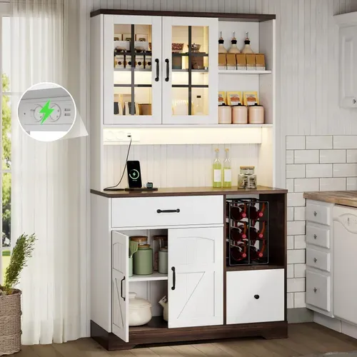 Buffet De Cuisine 185 Cm Avec LED, 3 Tiroirs, étagères Réglables Et Prises électriques, Blanc