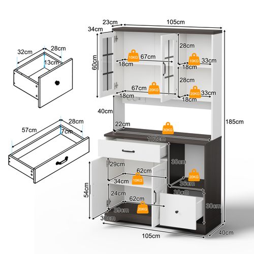 Buffet De Cuisine 185 Cm Avec LED, 3 Tiroirs, étagères Réglables Et Prises électriques, Blanc