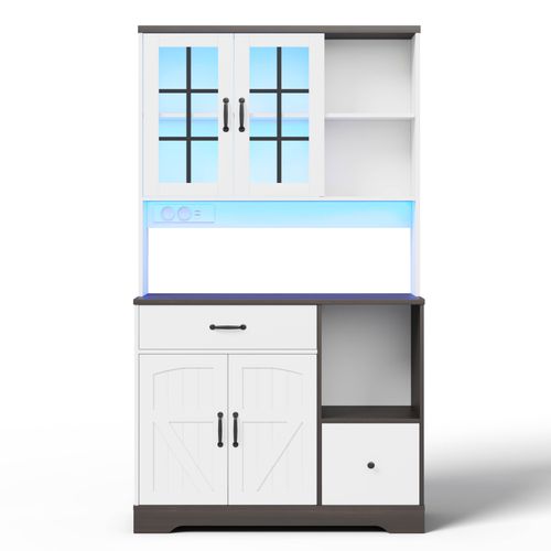 Buffet De Cuisine 185 Cm Avec LED, 3 Tiroirs, étagères Réglables Et Prises électriques, Blanc