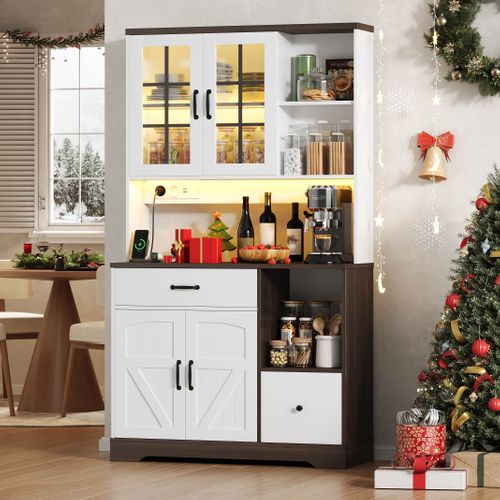 Buffet De Cuisine 185 Cm Avec LED, 3 Tiroirs, étagères Réglables Et Prises électriques, Blanc