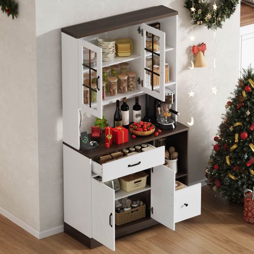 Buffet De Cuisine 185 Cm Avec LED, 3 Tiroirs, étagères Réglables Et Prises électriques, Blanc