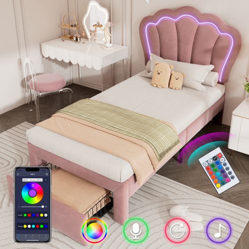 Lit Enfant 90 X 200 Cm Avec LED, Tête De Lit Réglable Et Tiroirs Velours Rose