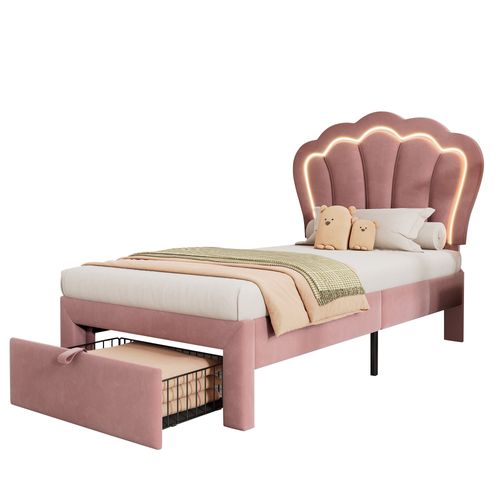 Lit Enfant 90 X 200 Cm Avec LED, Tête De Lit Réglable Et Tiroirs Velours Rose
