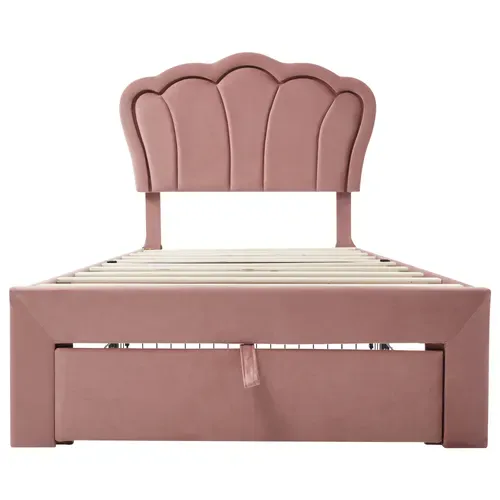 Lit Enfant 90 X 200 Cm Avec LED, Tête De Lit Réglable Et Tiroirs Velours Rose