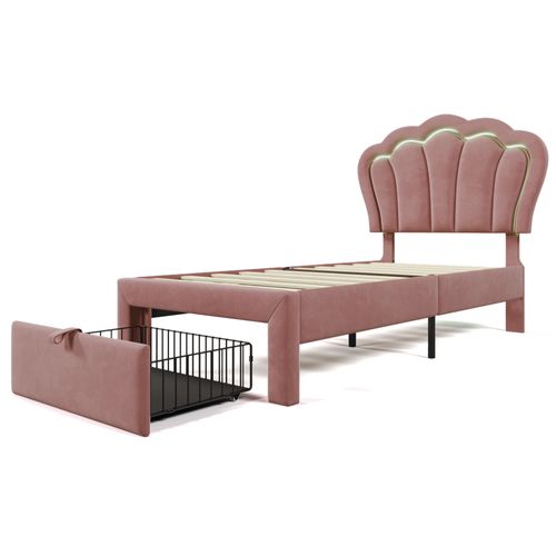 Lit Enfant 90 X 200 Cm Avec LED, Tête De Lit Réglable Et Tiroirs Velours Rose