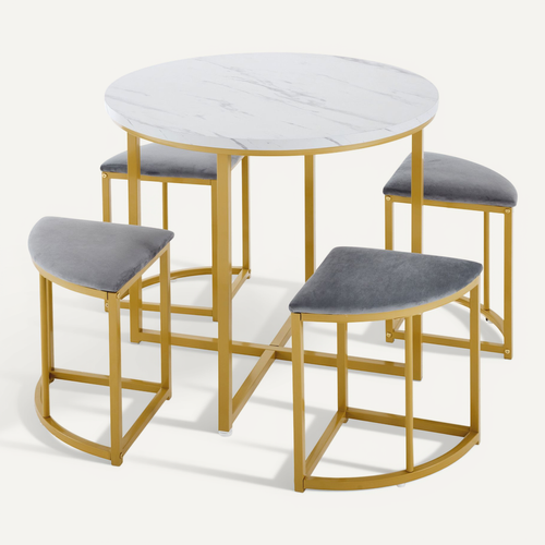 Ensemble Table Et Assise Avec 1 Table Ronde Et 4 Tabourets En Forme D'éventail Gris