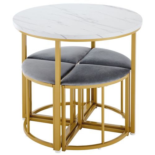 Ensemble Table Et Assise Avec 1 Table Ronde Et 4 Tabourets En Forme D'éventail Gris