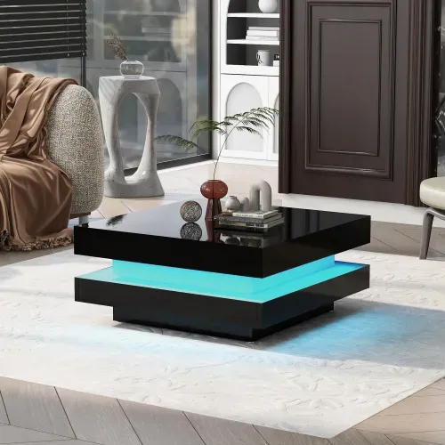 Table Basse Carrée Noir Avec LED, 70x70x36 Cm
