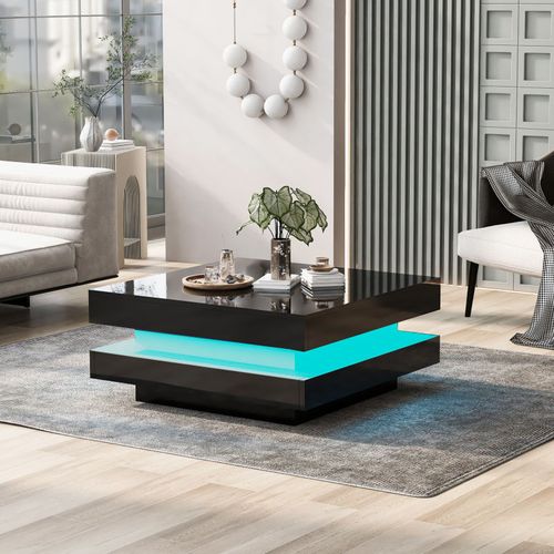 Table Basse Carrée Noir Avec LED, 70x70x36 Cm