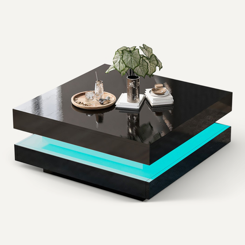 Table Basse Carrée Noir Avec LED, 70x70x36 Cm