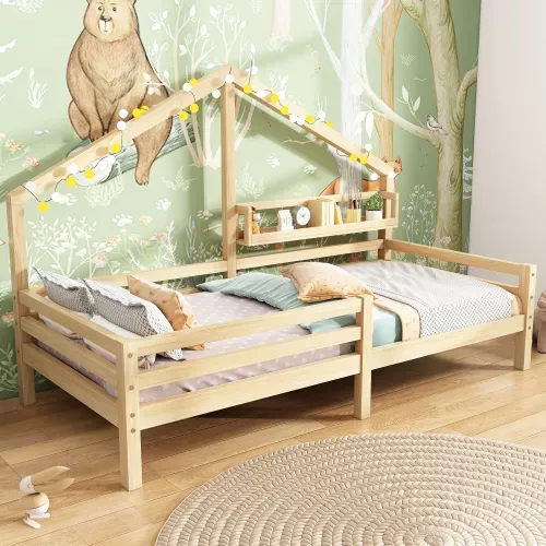 Lit Enfant Lit Cabane 90 X 200 Cm Blanc Avec Support De Rangement