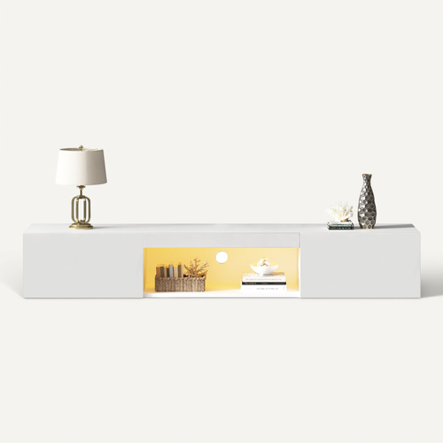Meuble TV Brillant Avec LED, 2 Portes Et 1 Nich Blanc